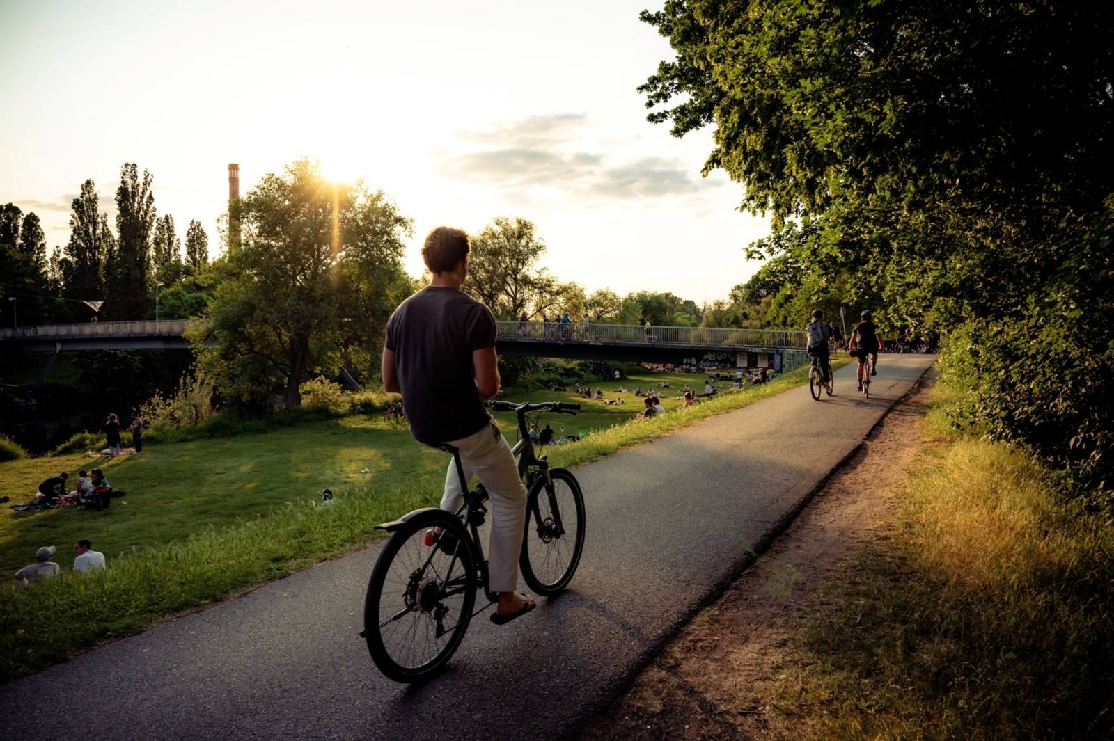 Radweg im Abendlicht mit Radfahrern, daneben Wiese mit vielen Menschen beim Picknick und Entspannen