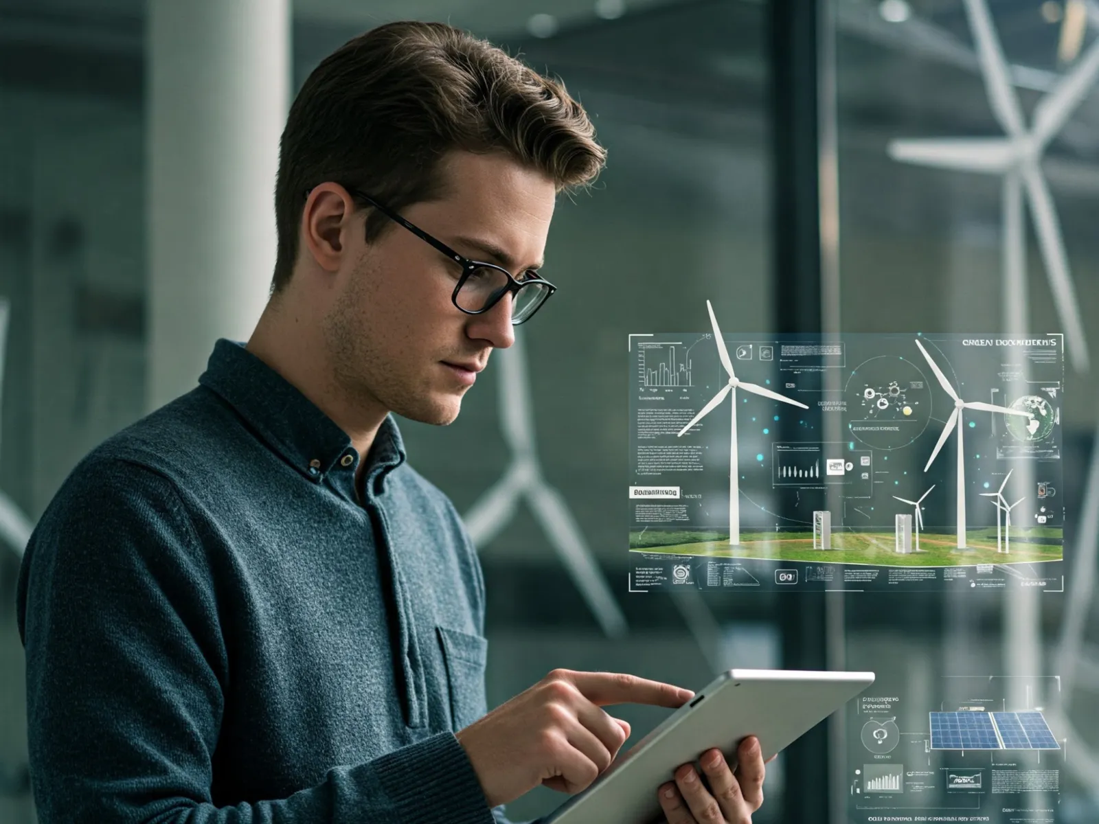 Mann bedient Tablet mit Blick auf digitale Anzeige von Windkraft- und Solardaten in modernem Technologieumfeld.