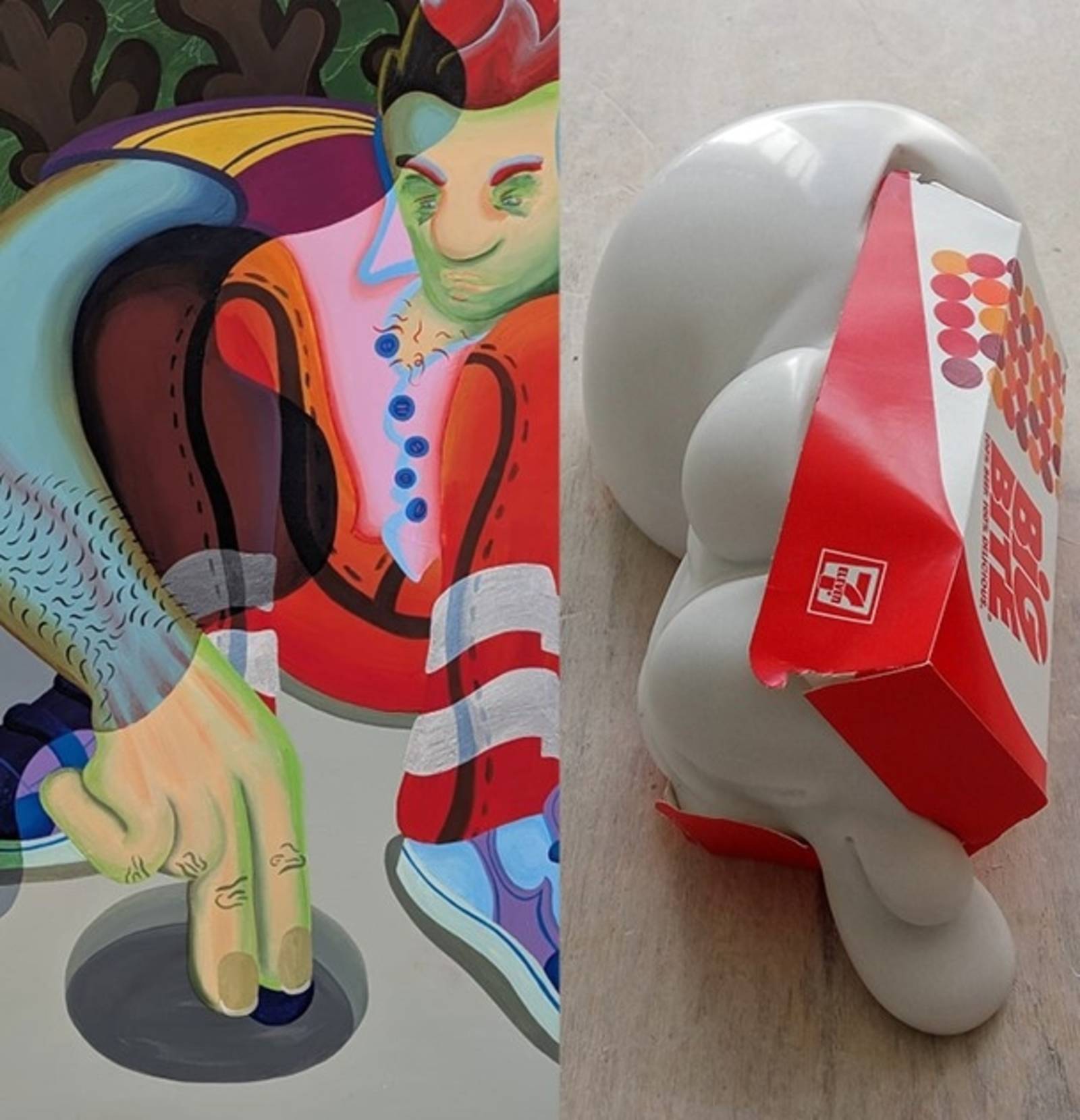 Zu sehen ist eine Collage aus zwei Bildern von Haakon Neubert und Venske & Sp&auml;nle: Links ist ein buntes Bild zu sehen, rechts ein kleine Marmorskulptur eingepackt in einem Burgerkarton.