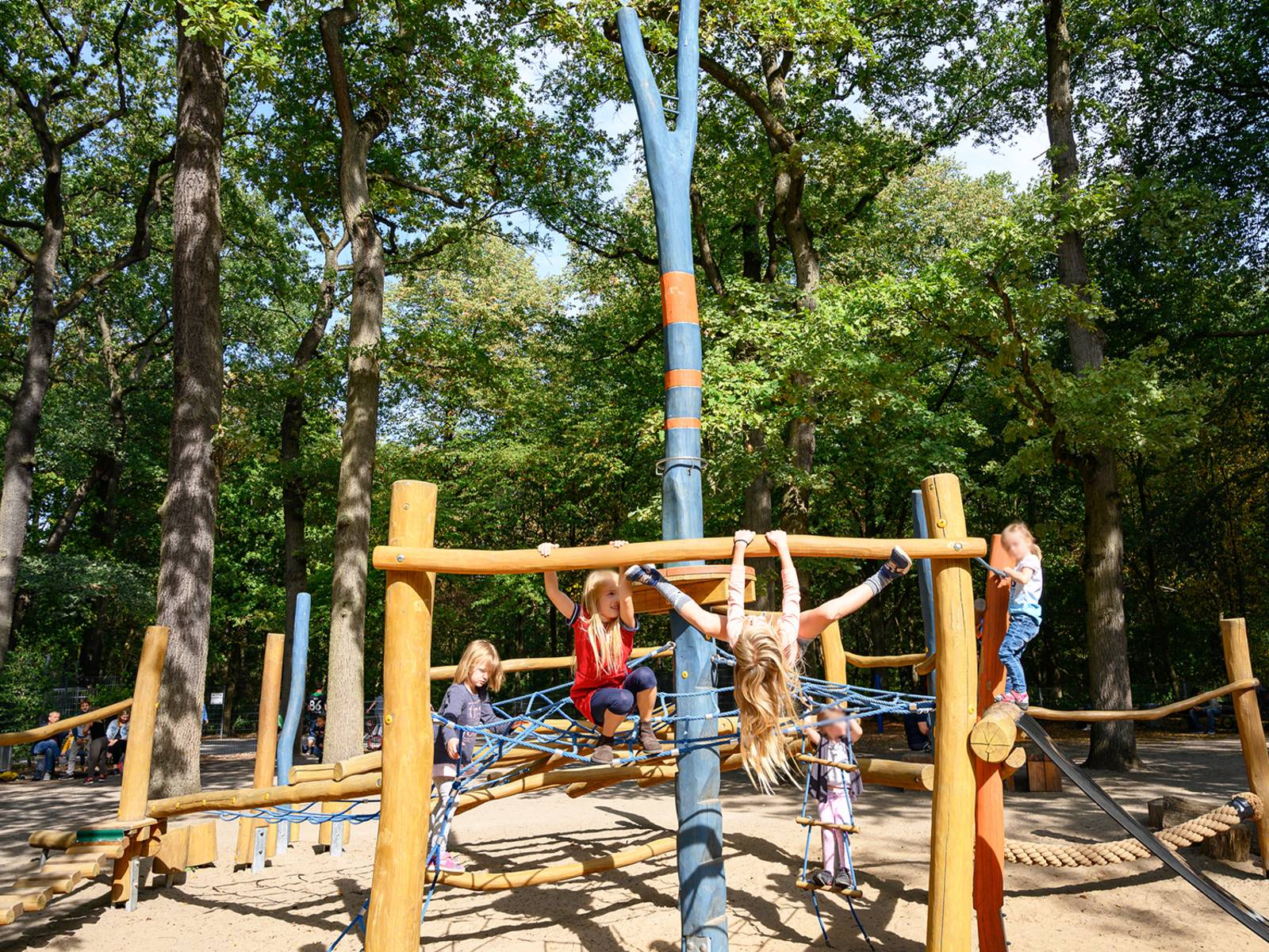 Kinder auf einem Spielplatz im Wald.