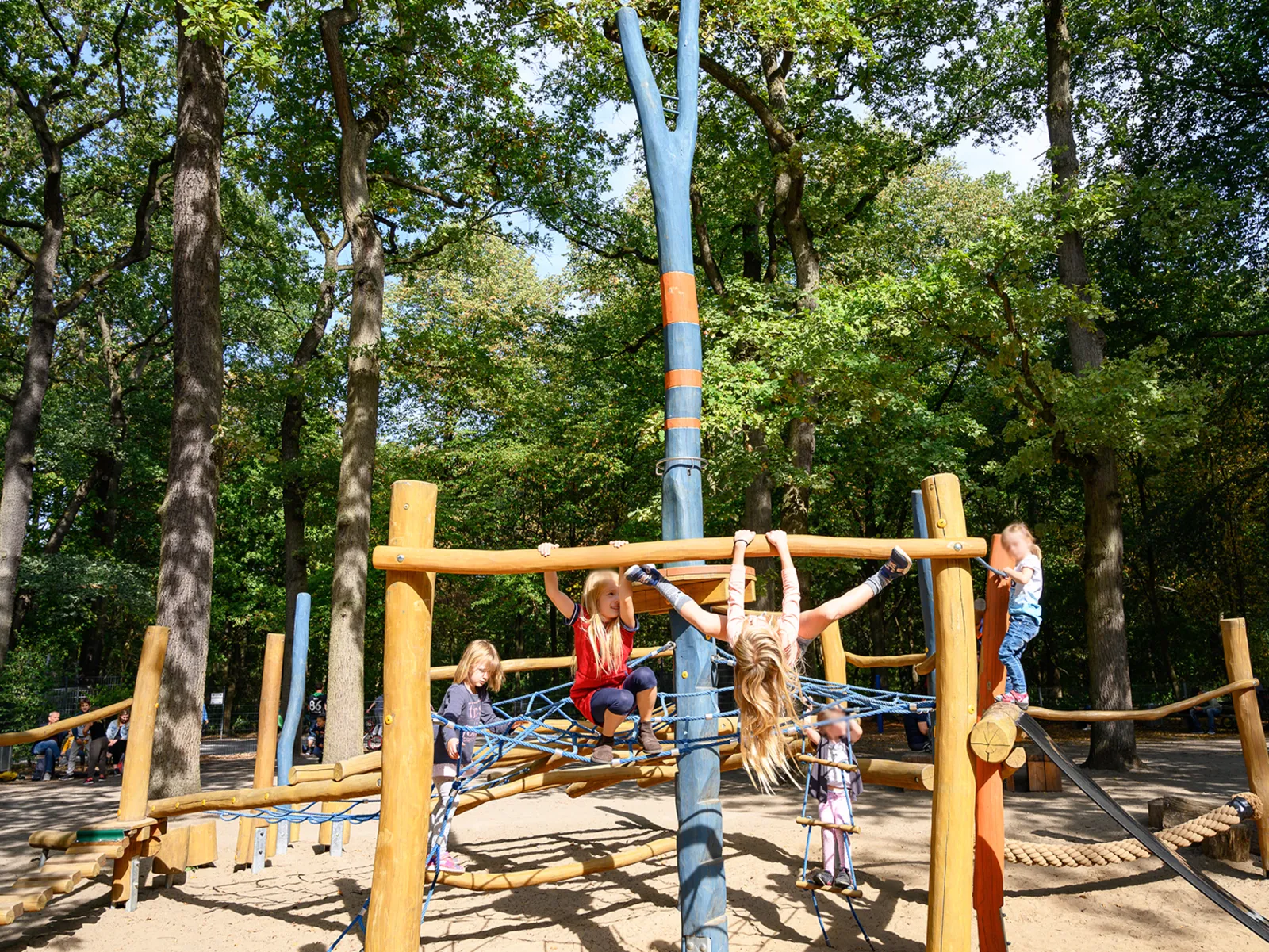 Kinder auf einem Spielplatz im Wald.
