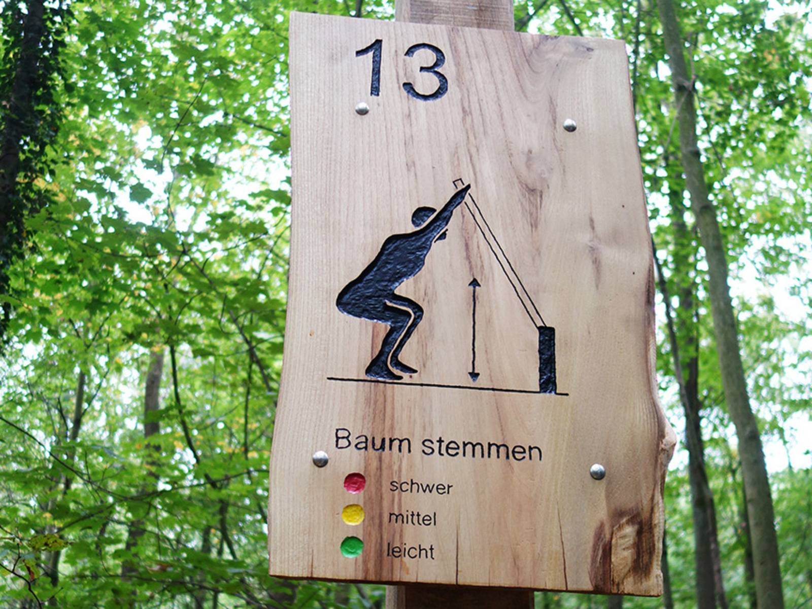 Ein Holzschild an einem Baum. Darauf stehe eine 13 und "Baum stemmen". Es ist Teil des Trimm-Dich-Pfades in der Eilenriede. 