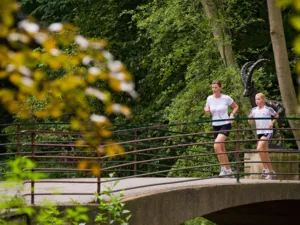 En jogger på en bro ved skogkanten
