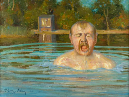 Zu sehen ist eine impressionistische Malerei von Philipp Klein: ein Mann taucht gerade aus einem Badesee wieder auf, den Mund zum Atemholen aufgerissen.