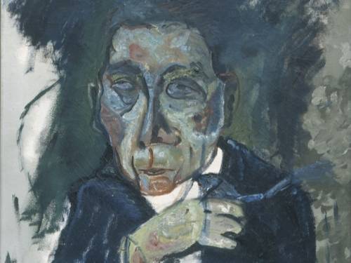 Te zien is een expressionistisch portretschilderij van Hans Koch, geschilderd door Otto Gleichmann, in de kleuren grijs en blauw.