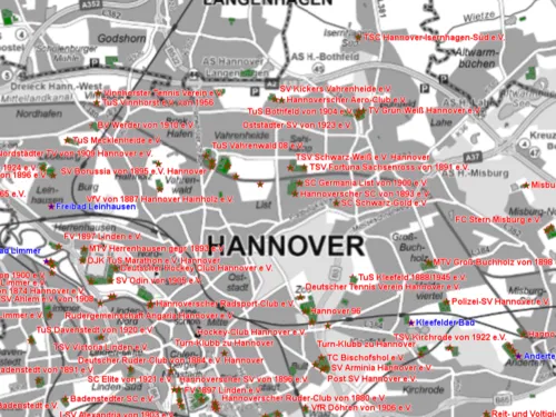 Um excerto do mapa relativo às instalações desportivas de clubes, proveniente do Sistema de Geoinformação de Hanôver