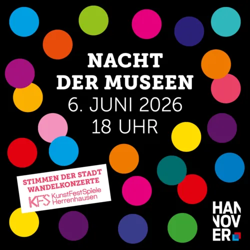 Werbung für Nacht der Museen, schwarzer Grund, bunte Kreise, Schriftzug Nacht der Museen