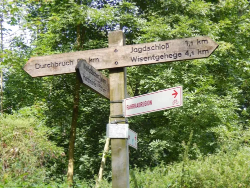 Een houten wegwijzer in een bos waarop onder andere "Durchbruch", "Jagdschloss" en "Wisentgehege" zijn aangegeven met kilometerinformatie.