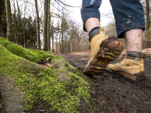 Matschiger Waldweg auf dem jemand mit dreckigen Wanderschuhen geht