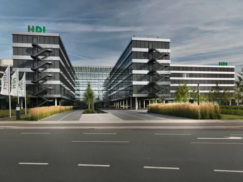 The letters HDI can be seen on a modern office building.