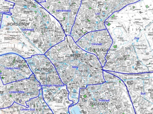 城市地圖的局部圖，其中遊戲領域以綠色標示