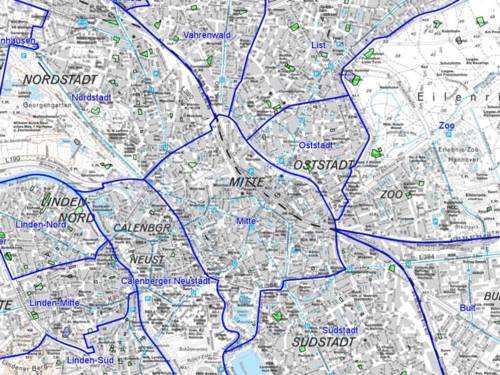 Ausschnitt aus der Stadtkarte, auf dem Spielflächen grün markiert sind