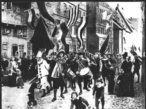 Zeichnung eines Festumzugs mit einem Narren an der Spitze.