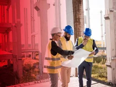 Drei Personen auf einer Baustelle. Sie schauen auf einen Plan.
