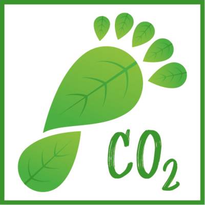 Grüner Fußabdruck aus Blättern mit „CO₂“-Schriftzug, symbolisiert Umweltbewusstsein und nachhaltigen CO₂-Fußabdruck.