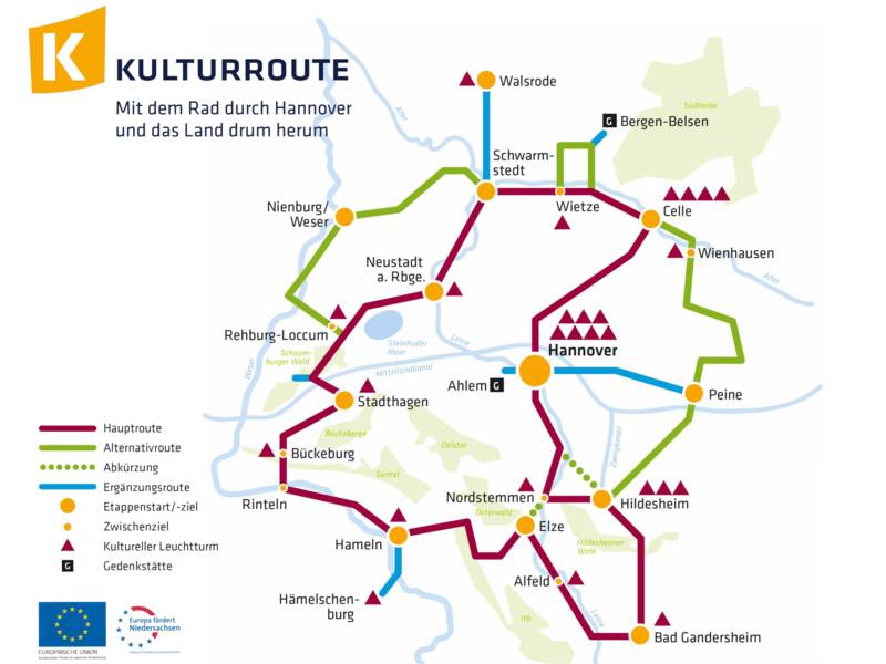 Lihtsustatud kaart, millel on näidatud kultuurimarsruudi üksikud etapid.
