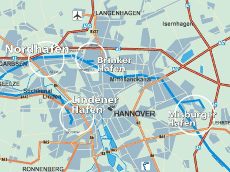 Kaupungin satamat on merkitty Hannoverin yleiskarttaan valkoisilla reunuksilla