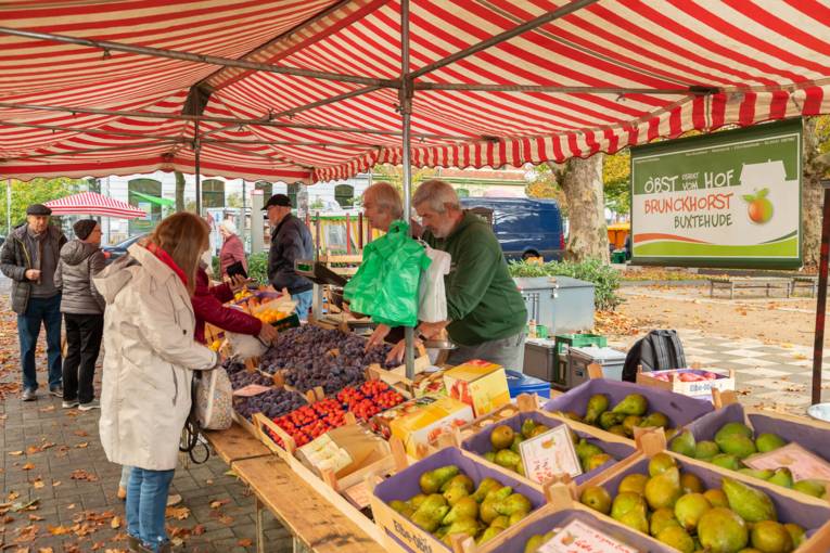 Kundschaft und Verkaufspersonal an einem Obststand auf dem Wochenmarkt in D&ouml;hren.