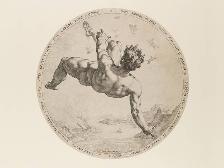 Ein Kupferstich von einem fallenden, nackten Mann in der Rückenansicht.