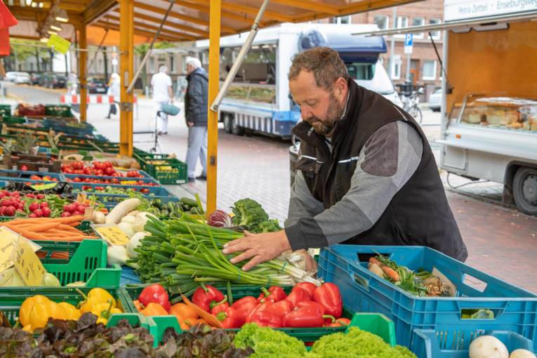 Sorgf&auml;ltig sortiert ein H&auml;ndler seinen Gem&uuml;sestand.