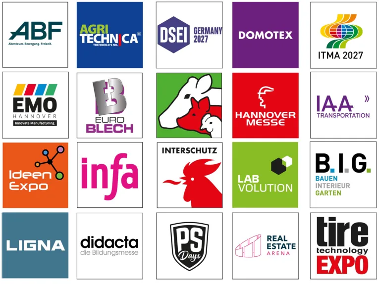 Image gallery with logos of various trade fairs in Hanover, including international trade and industrial fairs.