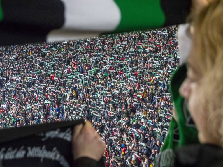 Zu sehen ist eine Fotografie eines vollen Fußballstadions, am rechten Rand erkennt man eine Person, die in die Menge hineinschaut.