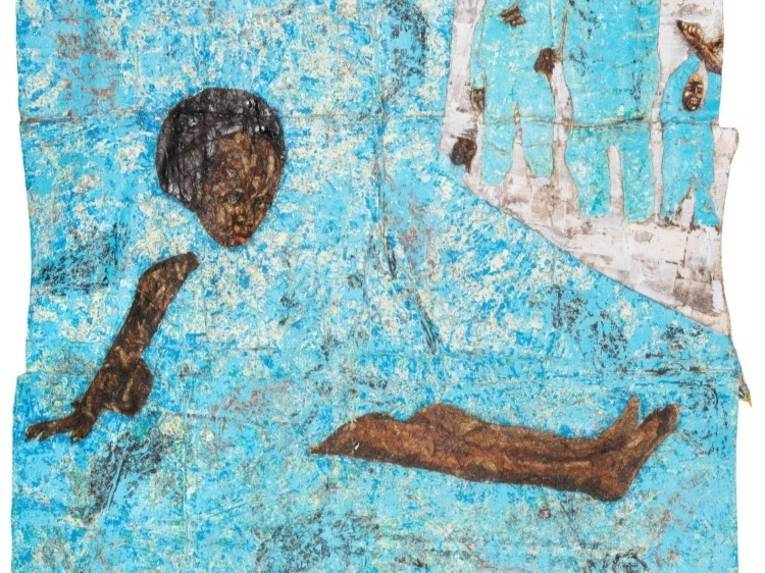 Zu sehen ist eine Malerei von Kaloki Nyamai: Ein Schwarzes Mädchen befindet sich in einer türkis-blauen Umgebung.