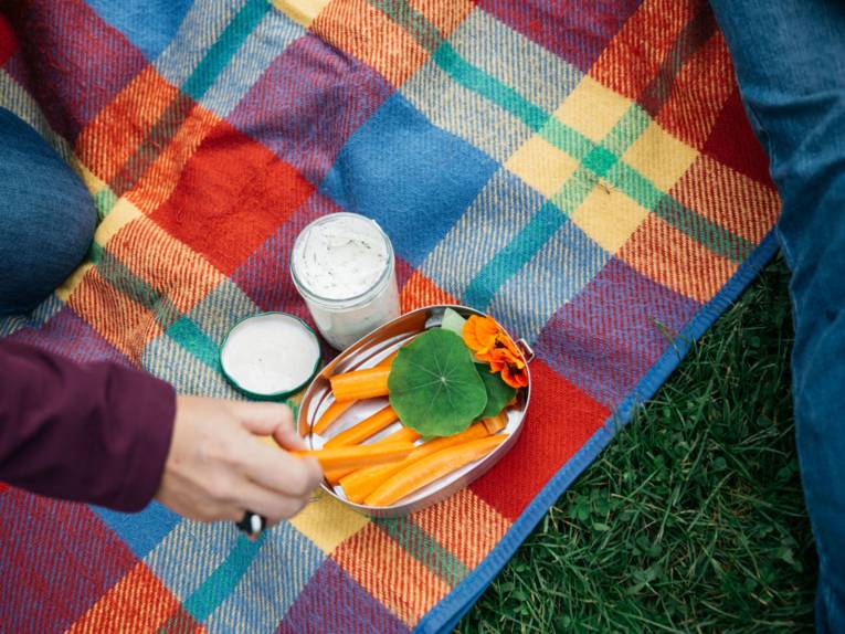 Karotten und Dip auf einer Picknickdecke.