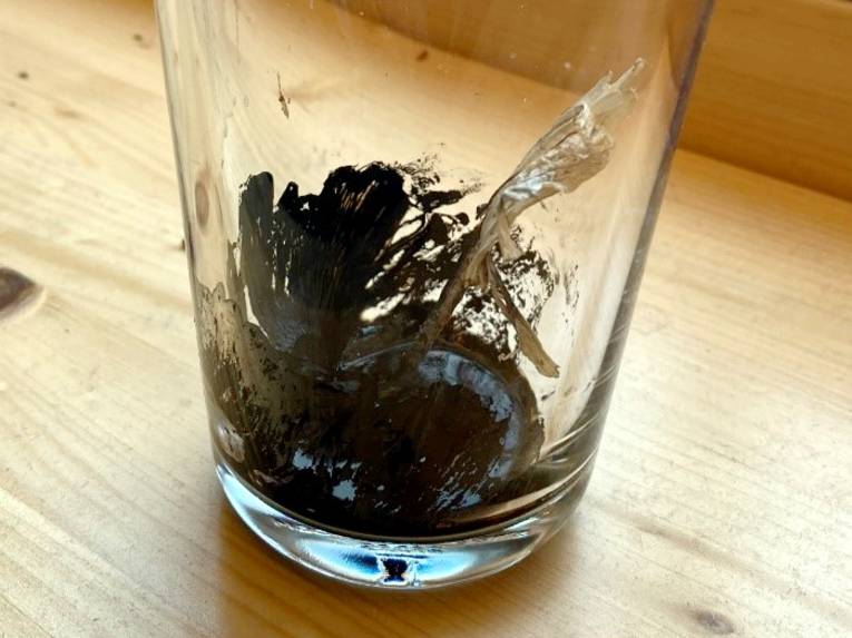 Ein Pilz ist stark verschrumpelt, flüssige Tinte hat sich im Glas gesammelt, in dem der Pilz liegt.