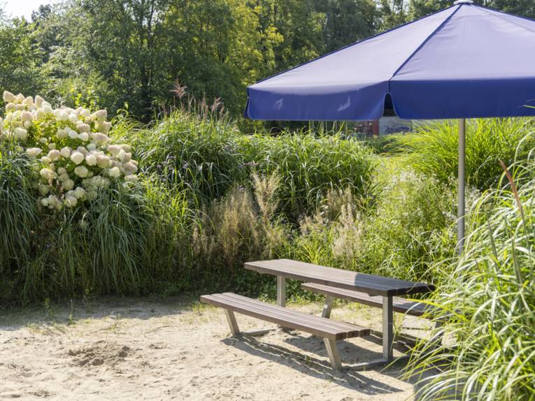 Zwei B&auml;nke, ein Tisch, ein Sonnenschirm auf einer Sandfl&auml;che stehend, die von hohen Gr&auml;sern und Bambus umgeben ist.