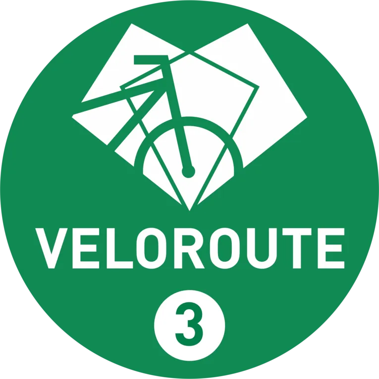 Grünes, rundes Logo mit der Abbildung eines Fahrrads und der Aufschrift Veloroute 3.