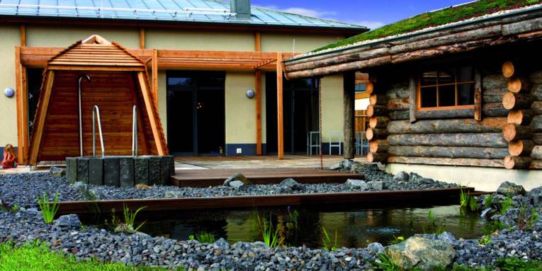 Teich, Tauchbecken, Dusche,ein Holzbohlenhaus, Terrasse