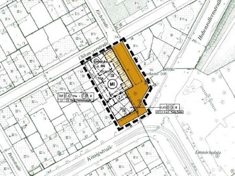 Bebauungsplan: Auf einem Stadtkartenausschnitt sind Grundstücksgrenzen und -bezeichnungen eingetragen