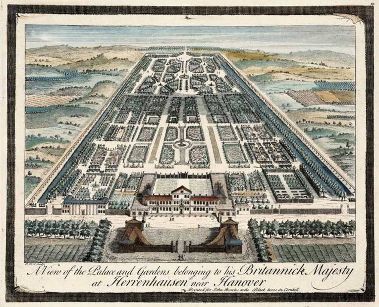 Print of the garden and the palace in Herrenhausen around 1745