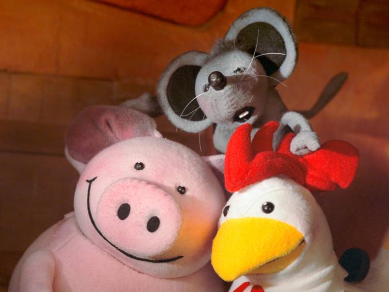 Ein Schwein, eine Maus und ein Hahn als (Hand-)Puppen.