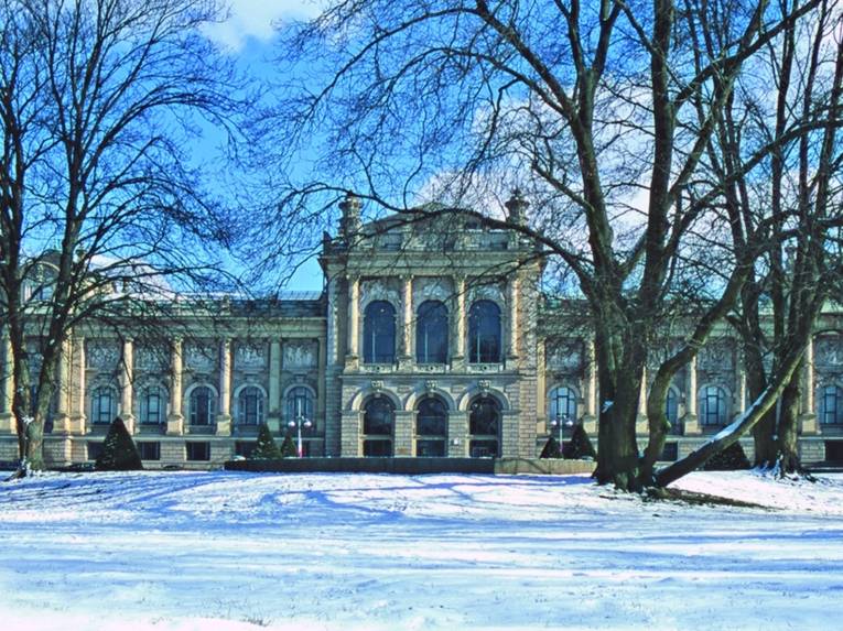 Gebäude mit Bäumen und Schnee