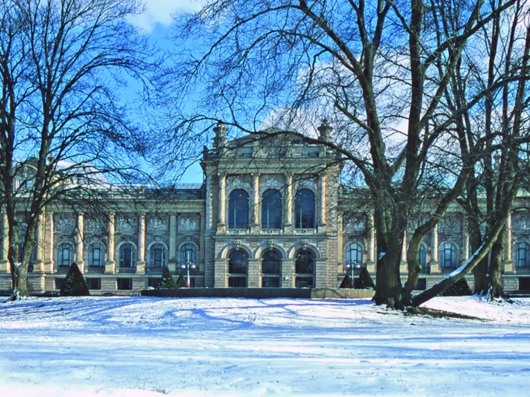 Gebäude mit Bäumen und Schnee