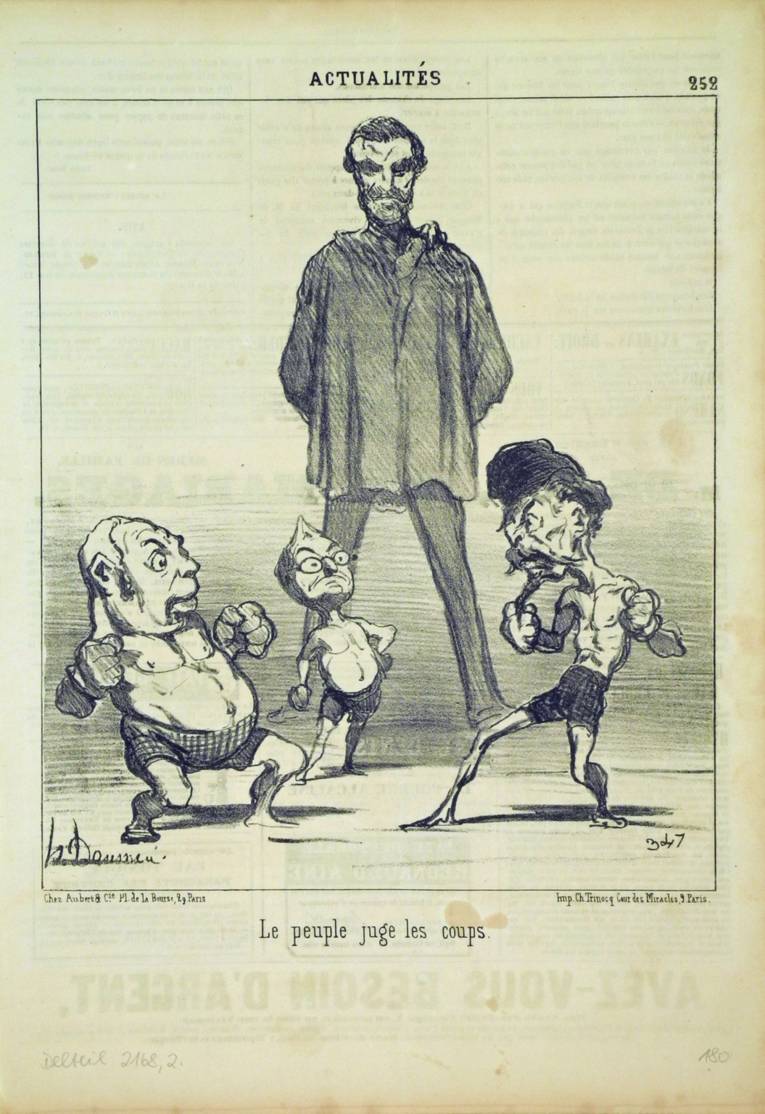 Zeichnung von drei Boxkämpfern, im Hintergrund ein Mann als Riese.