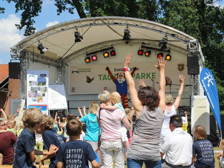 Menschen tanzen vor einer Bühne, darauf tanzt ein Maskottchen im Tigerkostüm.