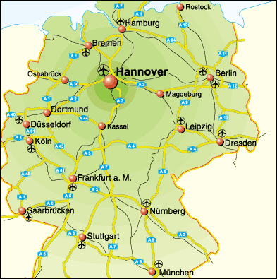 Map of Germany with indicated cities and Autobahns.